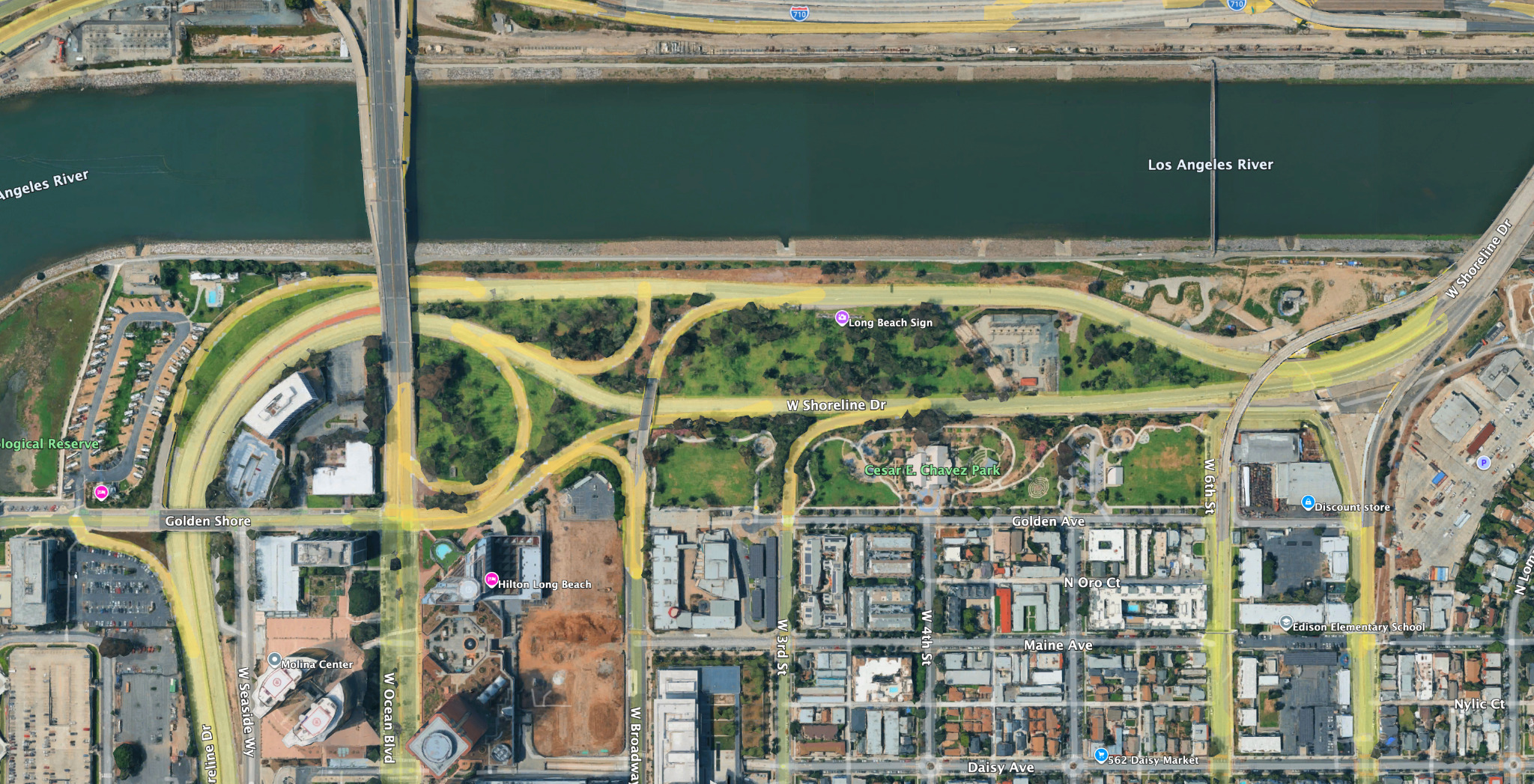 Resident-supplied clean Google Earth satellite screenshot of the northern grove and Los Angeles River. The screenshot is rotated: north points approximately right.