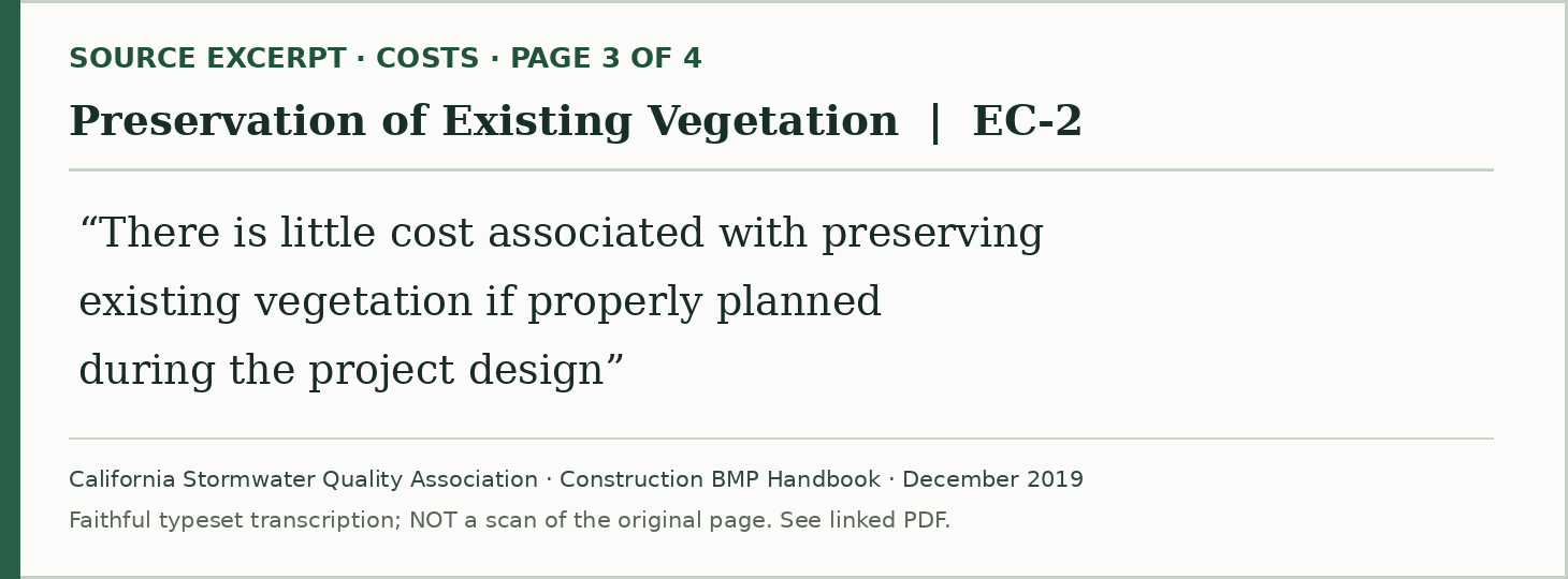 Faithfully typeset excerpt of CASQA EC-2 Costs on page 3: There is little cost associated with preserving existing vegetation if properly planned during the project design. This is a transcription, not an original document screenshot.